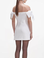 White Bowknot Strap Off-shoulder Mini Dress