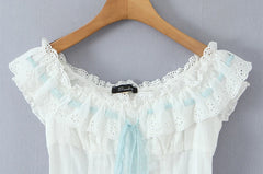 White Ruched Off-Shoulder Smocked Tie Up Top