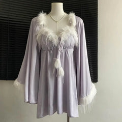 Feather Fur Trim Cami Nightdress And Bathrobe Gown Sleepwear Set