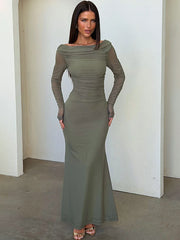 Boat Neck Mesh Long Sleeve Bodycon Maxi Dress