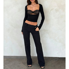 Long Sleeve Lace Cutout Patchwork T-Shirt