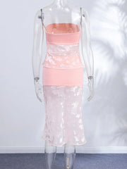 Mesh Patchwork Tube Top And Midi Skirt Set