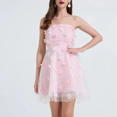 Sequins Strapless 3D Flowers Mini Dress