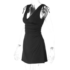 Black V-Neck Tie Shoulder Sleeveless Mini Dress