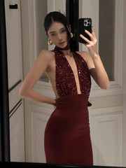 Burgundy Satin Sequin Plunge V-neck Drape Maxi Dress