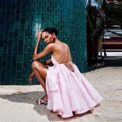 Pink Flare Cami Mini Dress - V-Neck Tie-Up