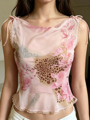 Pink Flower Print Lace-up Off-Shoulder Top