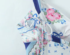 Blue Floral Print Lace Bow Mini Sling Dress
