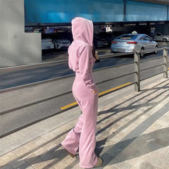 Velvet Hooded Zipper Crop Jackets And High Waist Straight Wide Leg Pants Set