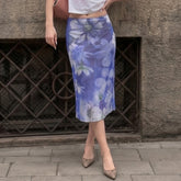 Blue Flower Printed Mesh Midi Skirt
