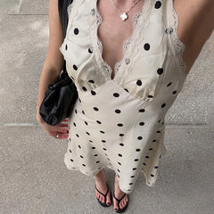 White Satin Polka Dot Lace Halter Mini Dress