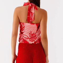 Printed Tie-up Halter Deep V-Neck Crop Top