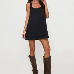 Lace Trim Square Neck Babydoll Mini Dress