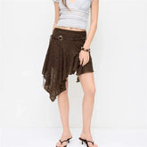 Brown Lace Bead String Belt Irregular Hem Skirt