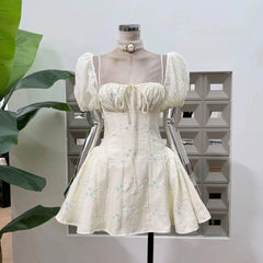 Puff Sleeve Square Collar Embroidery Mini Dress