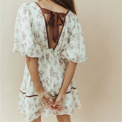 White Floral V Neck Lantern Sleeve Mini Dress