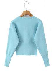 Two Piece O Neck Lantern Sleeve Cardigan And Shorts Set