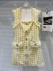 Plaid Square Neck Button Mini Dress