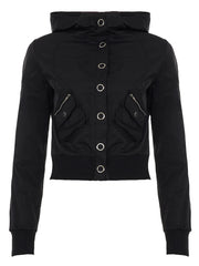Black Hooded Cargo Snap Button Jacket with Pockets