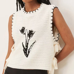 White Knit Square Tie Up Flower Tank Top