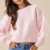 Pink Textured Ribbed Trim Crew Neck Top
