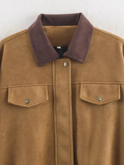 Brown Lapel Ribbed Collar Patchwork Pocket Jacket