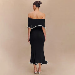 Black Ruffle Off-Shoulder White Trim Long Dresses