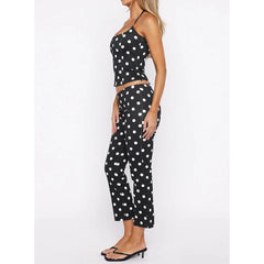 Black Polka Dot Halter Tank Top and Cropped Leggings Set