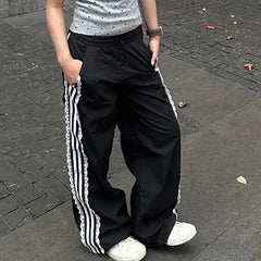 Black Striped Sweatpants with Lace Patchwork