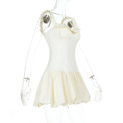 White Puff Ruffle Strap Mini Dress