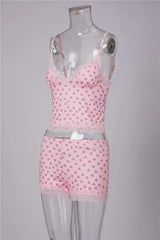 Heart Print Lace Trim Spaghetti Strap Crop Top And Shorts Pajama Set