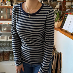 Striped Contrast Round Neck Long Sleeve T-Shirt