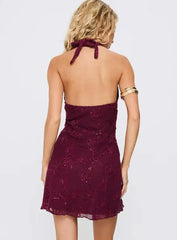 Burgundy Halter Sequin Mini Dress