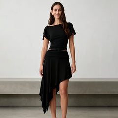Off Shoulder Short-Sleeve Fitted Top And Irregular Hem Midi Skirt Set