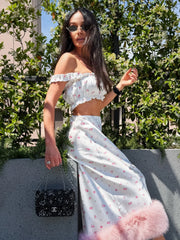 Floral Print Satin Faux Fur Trim Midi Skirt