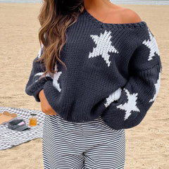 Star Pattern Blue Off Shoulder Sweater