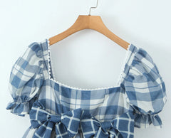 Blue Plaid Short Puff Sleeve Square Neck Bow A-line Mini Dress