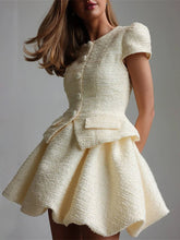 Beige Tweed Short Sleeve Top And Puff Mini Skirt Set