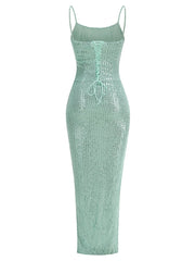 Spaghetti Strap Sequins Folds Long Dress