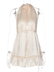 White Satin V-Neck Buttoned Mini Dress