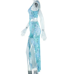 Sheer Printed V-neck Crop Top And Frill Slit Midi Skirt Set