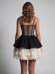 Beaded Strap Mesh Tiered Ruffle Patchwork Mini Dress