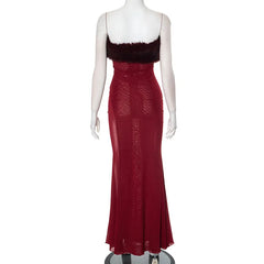Red Feather Strapless Sheer Maxi Dress