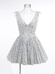 White Deep V-neck Blue Floral Print Mini Dress