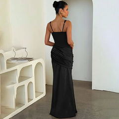 Square Neck Sleeveless Satin Waist Ruched Mermaid Maxi Dress