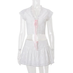White Lace Bowknot Top And Mini Skirt Set