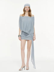 Slash Neck Fold Draped Mini Dress