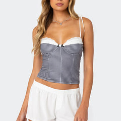 Gingham Lace Trim Spaghetti Strap Top