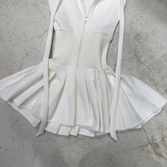 Hooded Sleeveless Patchwork A-line Pleated Mini Dress