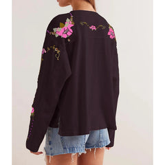 Graphic Numer Floral Embroidery Long Sleeve Shirt